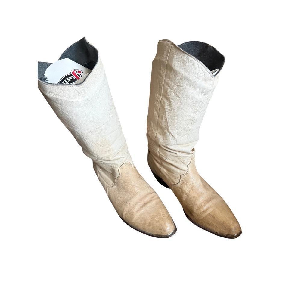 Justin Vintage Western Boots Cream Tan Leather Pointed Toe Metal Tip Womens 8 - Picture 3 of 7